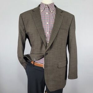Croft Barrow Men's Sport Coat Blazer Two Button‎ Olive Plaid Polyester Blend 44R